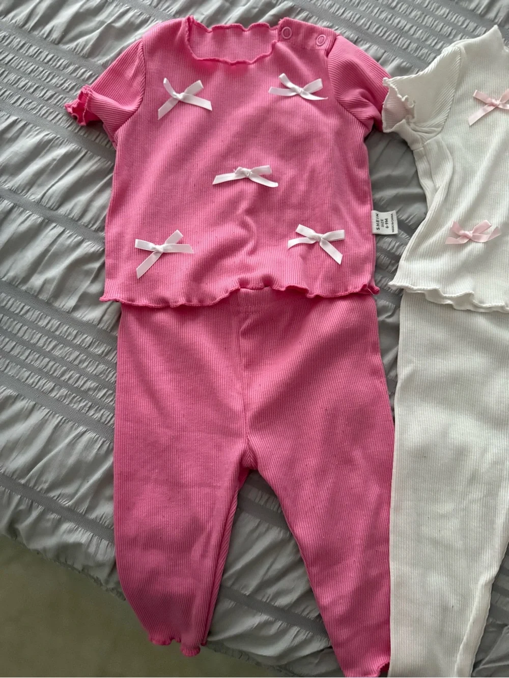 Kids Ribbed Bow Pajama Set - Pink and Cream